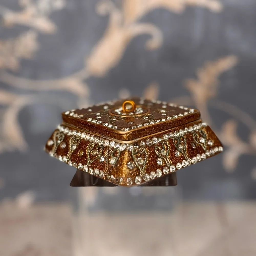 Vintage Gold Jeweled Trinket Box Rhinestone Enamel Square Ormolu Casket